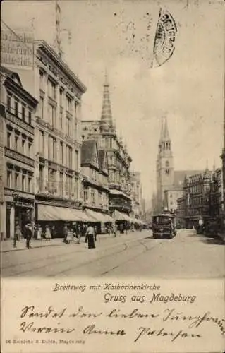 Ak Magdeburg an der Elbe, Straßenszene mit der Katharinenkirche im Hintergrund