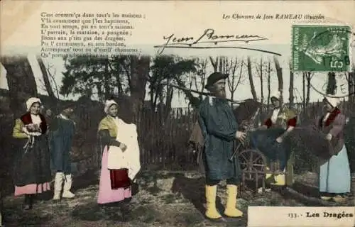 Ak Bauern in französischer Volkstracht, Spinnrad, Lied