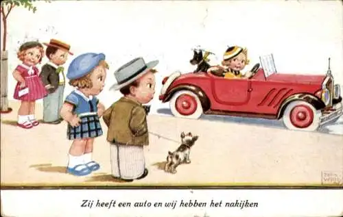 Künstler Ak Wills, John, Mädchen mit Hund im Automobil