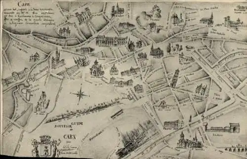 Stadtplan Ak Caen Calvados, Sehenswürdigkeiten, Wappen