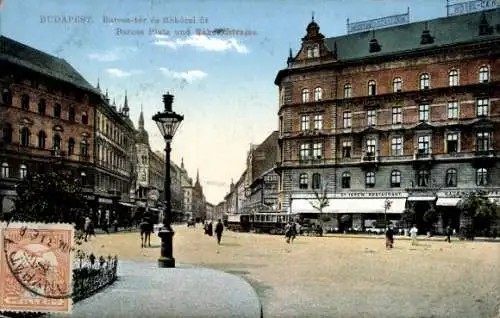 Ak Budapest Ungarn, Barossplatz, Rakoczistraße, Platz, Laterne, Passanten