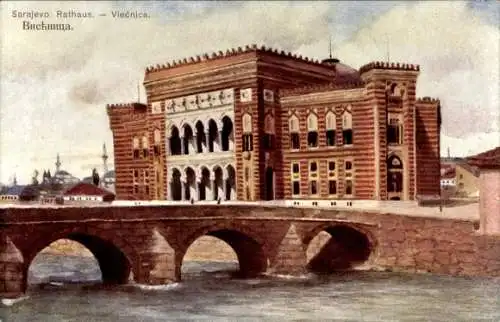 Künstler Ak Sarajevo Bosnien Herzegowina, Rathaus, Brücke, Viecnica