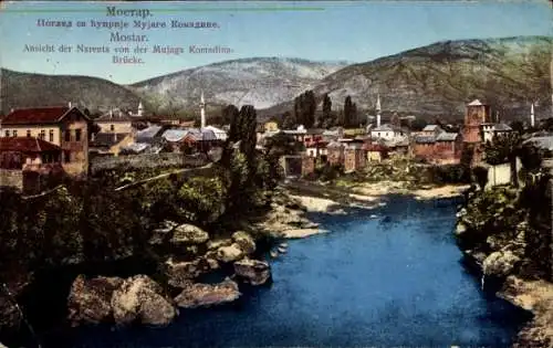 Ak Mostar Bosnien Herzegowina, Aussicht auf die Stadt, Fluss Narenta, Mujaga Komadina Brücke