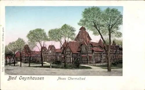 Ak Bad Oeynhausen in Westfalen, Neues Thermalbad, historische Gebäude, Bäume, farbige Illustra...