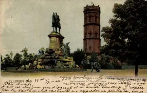 Ak Duisburg im Ruhrgebiet, Kaiserdenkmal, Aussichtsturm, Statue, Parklandschaft