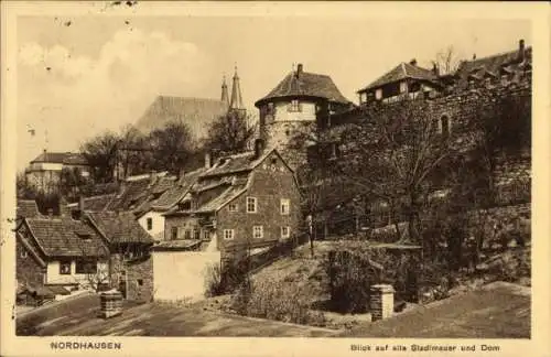 Ak Nordhausen am Harz, Blick auf Stadtmauer, Dom, alte Häuser