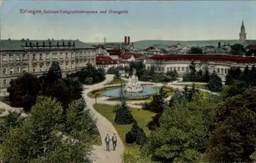 Ak Erlangen in Mittelfranken Bayern, Schloss-Emigrantenbrunnen, Orangerie, Parkanlage, Persone...