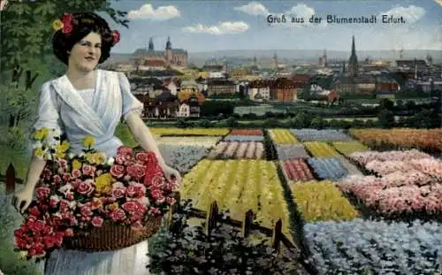 Ak Erfurt in Thüringen, Frau mit Blumenkorb, Stadtansicht von  Felder mit Blumen