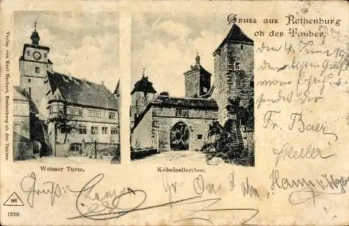 Ak Rothenburg ob der Tauber Mittelfranken, Weisser Turm, Kobolzellerthor, Gruß aus Rothenburg