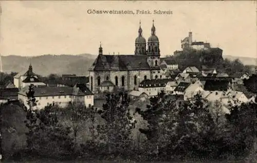 Ak Gössweinstein Gößweinstein in Oberfranken, Kirche mit Türmen, Burg im Hintergrund, Häuser i...