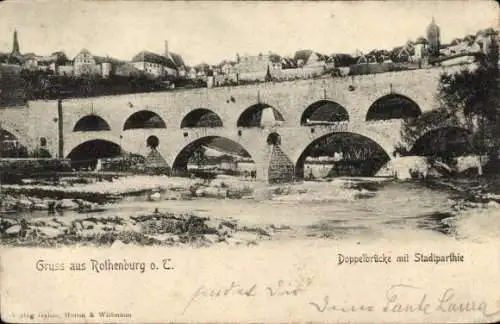 Ak Rothenburg ob der Tauber Mittelfranken, Doppelbrücke mit Stadtpartie