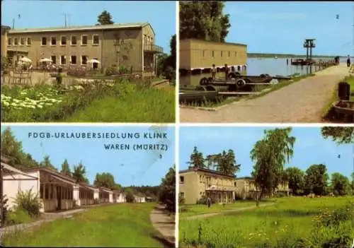 Ak Waren an der Müritz, FDGB-Urlaubersiedlung Klink, Bilder von Klubh aus, Bootshafen, Bungalows