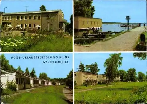 Ak Waren an der Müritz, FDGB-Urlaubersiedlung Klink, vier Bilder, Grünflächen, Wasser