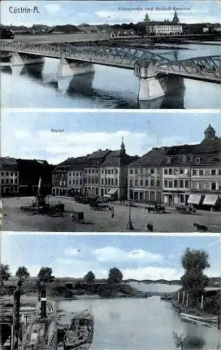 Ak Kostrzyn nad Odrą Cüstrin Küstrin Ostbrandenburg, Brücke, Schloss-Kaserne, Markt, Fluss, St...