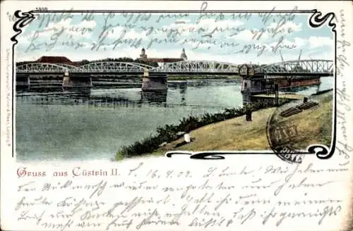 Ak Kostrzyn nad Odrą Cüstrin Küstrin Ostbrandenburg, Brücke über Wasser, Landschaft mit Gebäud...