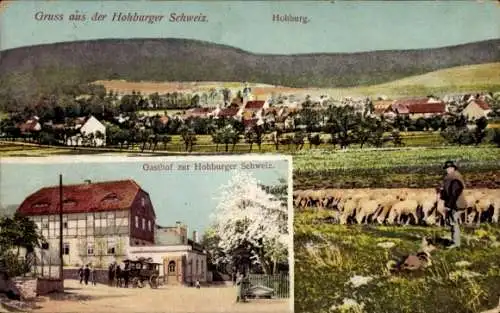 Ak Hohburg Lossatal in Sachsen, Hohburger Schweiz, Gasthof, ländliche Landschaft, Schafe, Land...