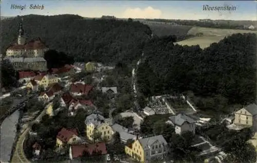 Ak Weesenstein im Müglitztal Sachsen, Schloss Weesenstein, Königl. Schloß,  Häuser mit roten D...