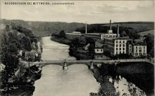 Ak Neudörfchen Mittweida in Sachsen, Neudörfchen bei  Zschopaubrücke, Fabrikgebäude, Fluss