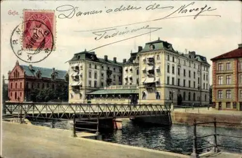 Ak Gefle Gävle Schweden, Farbige Stadtansicht, Brücke, Gebäude, Wasserlauf, Poststempel