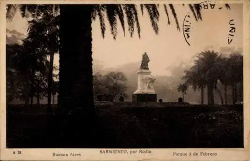 Ak Buenos Aires Argentinien, Sarmiento Statue, Parque 3 de Febrero, Rodin, Palm Trees