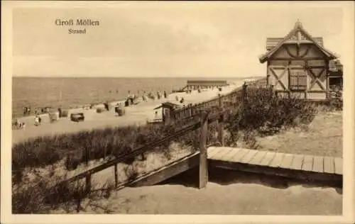 Ak Mielno Groß Möllen Großmöllen Pommern, Strand, Küstenansicht, Schilf, Holzsteg, Schuppen