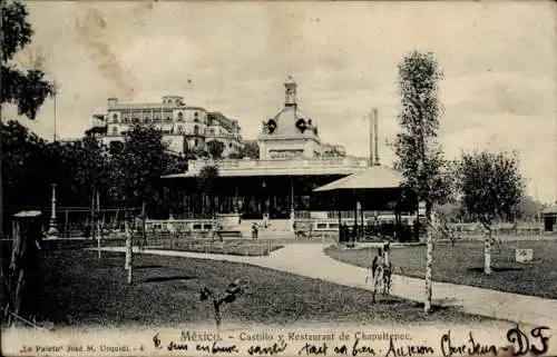 Ak Ciudad de Mexico Mexiko Stadt, Castillo und Restaurant von Chapultepec, Gartenlandschaft, h...