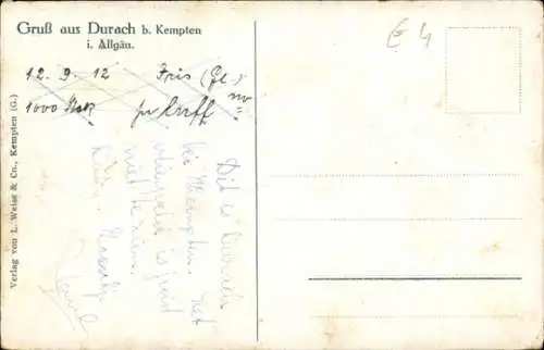 Ak Durach im Oberallgäu, Landschaftsansicht mit Kirche, dörfliche Architektur, grüne Felder