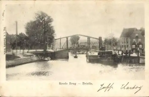 Ak Brielle Südholland, Roode Brug,  Schwarzweißfoto, Boot auf dem Wasser