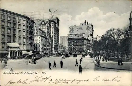 Ak New York City USA, Broadway, 23. Straße,  historische Stadtansicht, Fahrzeuge, Gebäude