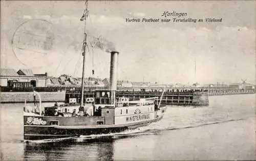 Ak Harlingen Friesland Niederlande, Postboot MINISTER KRAUS, Abfahrt nach Terschelling und Vli...