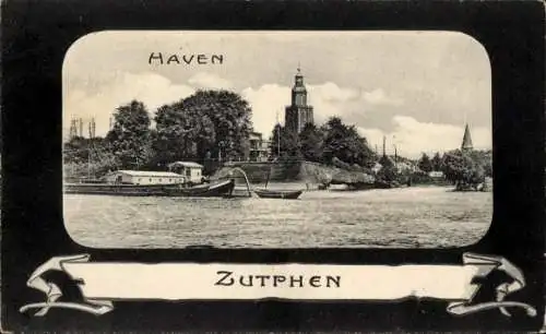 Ak Zutphen Gelderland , Hafenansicht, historischer Turm, Wasserweg, Schiffe