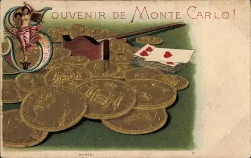 Ak Monte Carlo Monaco, Vintage Postkarte, Münzen, Spielkarten, Glückssymbol