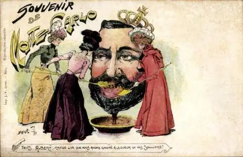 Ak Monte Carlo Monaco, Karikatur von König Albert mit umrahmenden Damen, humorvolles Souvenir