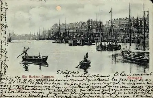 Ak Ramsgate Kent England, Hafenpanorama, Boote auf dem Wasser, historische Gebäude