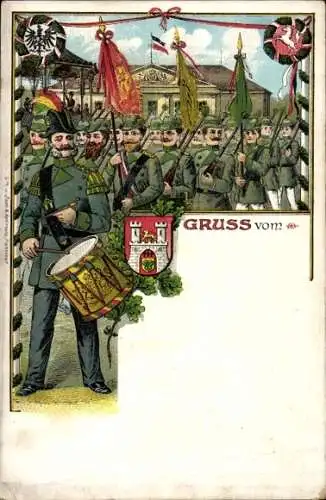 Litho Hannover in Niedersachsen, Männer in Uniformen, Trommler, Fest, Wappen