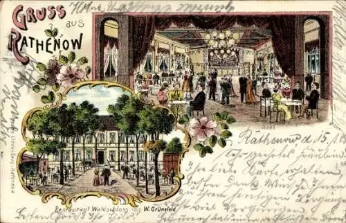 Litho Rathenow im Havelland, Restaurant Waldschloss, eleganter Saal mit Gästen, Blumenornamente