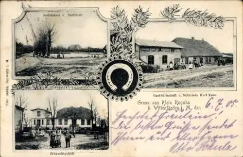 Ak Klein Rogahn in Mecklenburg, Dorfstraße, Dorfteich, Erbpachtgehöft, Gastwirtschaft, Schmiede