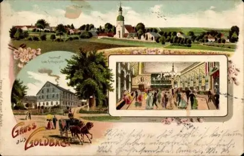 Litho Goldbach Bischofswerda im Kreis Bautzen, Gesamtansicht, Gasthof zum Erbgericht, Saal