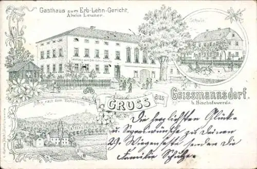 Litho Geissmannsdorf Geißmannsdorf Bischofswerda, Gasthaus zum Erb-Lehn-Gericht, Schule, Butterberg