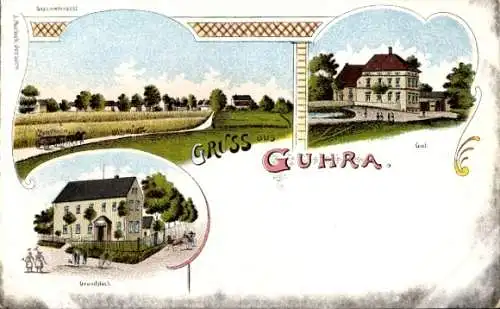 Litho Guhra Puschwitz in der Oberlausitz, Teilansicht, Gut, Grundstück