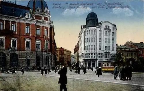 Ak Lwow Lwiw Lemberg Ukraine, Karl Ludwigs-Straße Ecke Jagellonerstraße, Straßenbahn