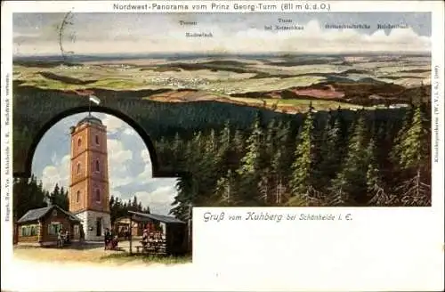 Künstler Ak Schönheide im Erzgebirge Sachsen, Kuhberg, Prinz Georg Turm, Panorama