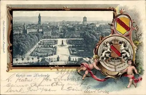 Präge Wappen Passepartout Ak Karlsruhe in Baden, Anlage, Stadt, Engel