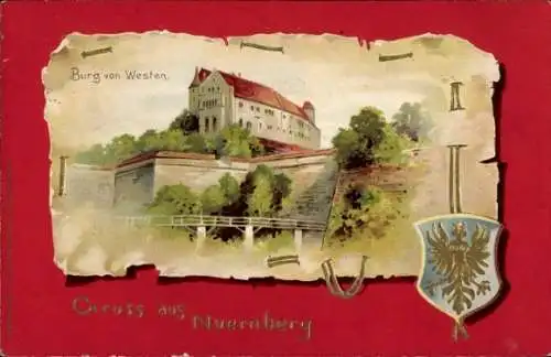 Präge Passepartout Wappen Litho Nürnberg in Mittelfranken Bayern, Burg