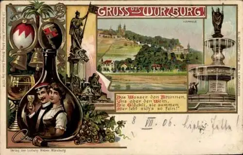 Präge Studentika Litho Würzburg am Main Unterfranken, Käppele, Brunnen, Student, Weinflasche