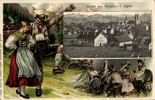 Passepartout Litho Kempten im Allgäu Schwaben, Stadt, Tanzpaar in Tracht