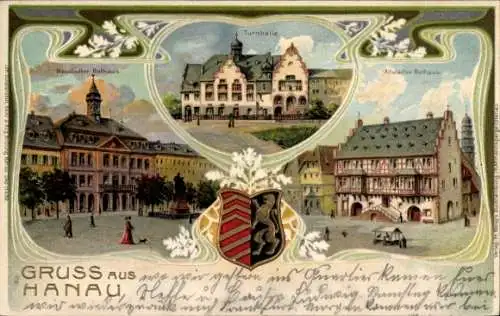 Litho Hanau am Main, Neustädter und Altstädter Rathaus, Turnhalle, Wappen