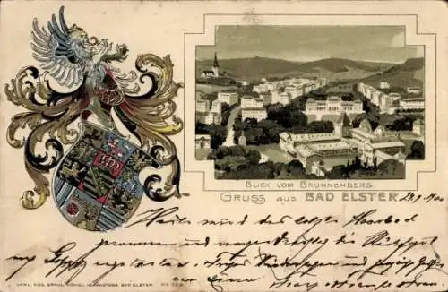 Präge Wappen Passepartout Litho Bad Elster im Vogtland, Blick vom Brunnenberg