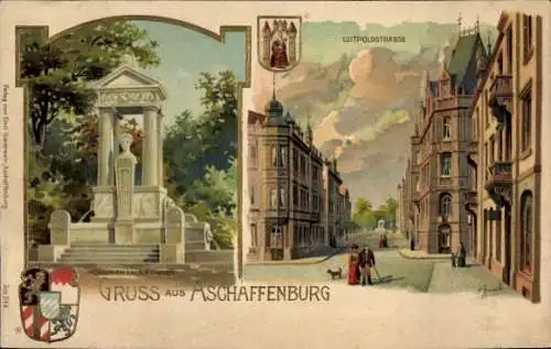 Präge Wappen Künstler Litho Aschaffenburg Unterfranken Bayern, Monumentalbrunnen, Luitpoldstraße