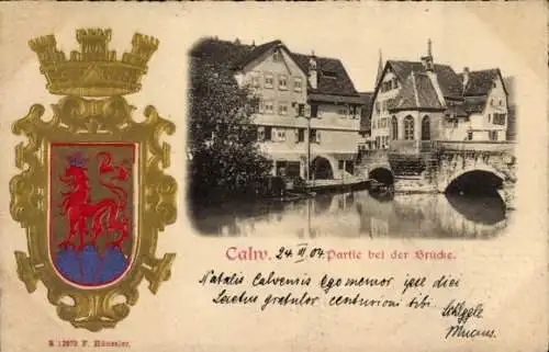 Präge Wappen Passepartout Ak Calw im Schwarzwald, bei der Brücke